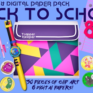 Retour à l'école rétro - Clip Art des années 80 et paquet de papier numérique - Scrapbooking - Faire-parts - Posters - Flyers - Oeuvres d'art