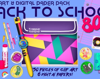 Retro Back to School - 80's Clip Art & Digital Paper Pack - Scrapbooking - Einladungen - Poster - Flyer - Kunstwerk