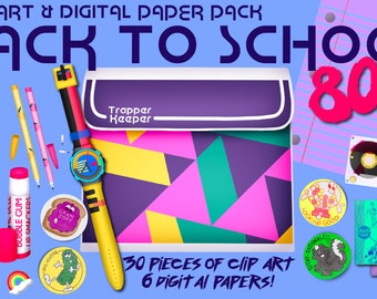 Retro Back to School - 80er Jahre ClipArt & Digital Paper Pack - Scrapbooking - Einladungen - Poster - Flyer - Kunstwerke