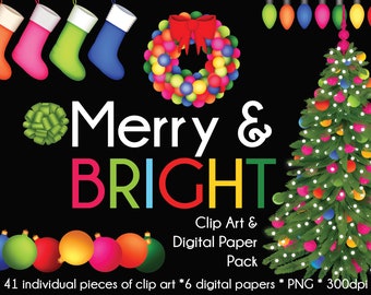 Merry and Bright Christmas! - Clip Art & Digital Paper Pack - Scrapbooking - Planner Stickers - Stationery - More