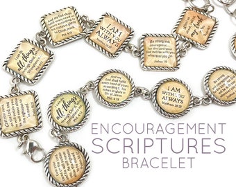 Encouragement Scriptures Bracelet – Square or Round Antique Silver Twist Edge Design – Bible Verse Charm Bracelet