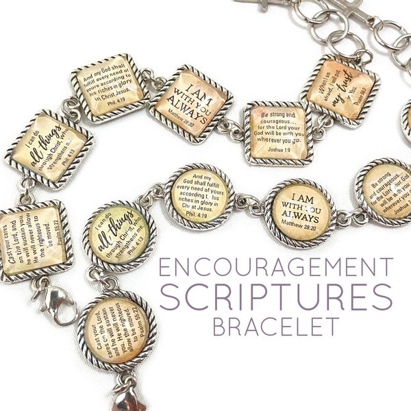 Encouragement Scriptures Bracelet – Square or Round Antique Silver Twist Edge Design – Bible Verse Charm Bracelet