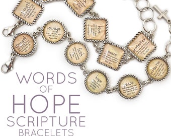 Words of Hope – Strength, Courage, Faith, Hope – Christian Scripture Glass Charm Bracelet – Round or Square Antique Silver Twist Edge Design