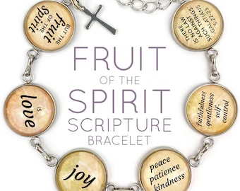 Fruit of the Spirit Scripture Bracelet – Galatians 5 Glass Charm Stainless Steel Bible Verse Bracelet, 7.5"-8.75"