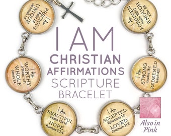 I AM – Christian Affirmations Scripture Charm Bracelet - Strong, Unique, Beautiful, Worthy, Loved, Enough - Encouragement Religious Jewelry
