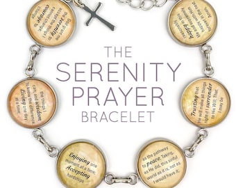 Serenity Prayer Christian Glass Charm Stainless Steel Bracelet, 7.5"-8.75"