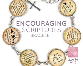 Encouragement Scriptures Bracelet - Christian Jewelry - Religious Bracelet - Glass Charm Stainless Steel Bible Verse Bracelet, 7.5"-8.75"