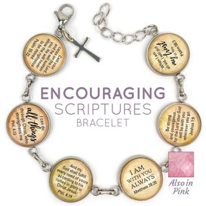 Encouragement Scriptures Bracelet - Christian Jewelry - Religious Bracelet - Glass Charm Stainless Steel Bible Verse Bracelet, 7.5&quot;-8.75&quot;