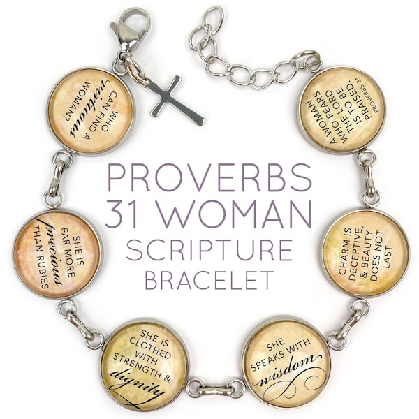 Proverbes 31 Femme Bracelet à breloques de l’Écriture - Plus précieux que les rubis - Bijoux chrétiens - 6.75 »-8.75 »