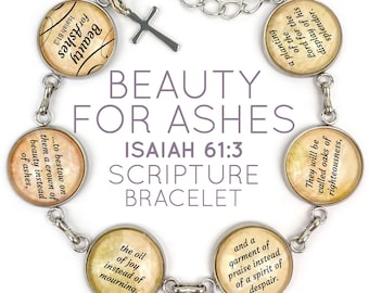 Beauty for Ashes, Isaiah 61:3 Scripture Bracelet – Glass Charm Stainless Steel Bible Verse Bracelet, 7.5"-8.75"