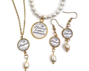 Blessed Pearl Jewelry Set: Christian Bracelet, Necklace, Earrings