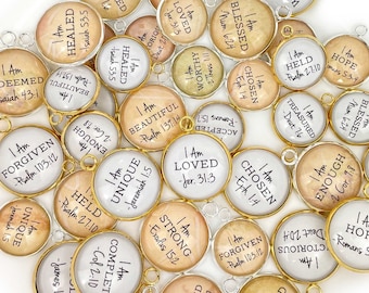 I AM - Set of 20 Christian Affirmations Charms – Glass Scripture Jewelry Making Charms – Bulk Designer Christian Religious Charms