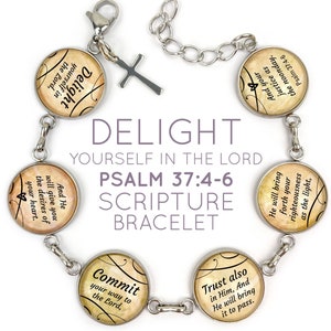 Delight Yourself in the Lord Scripture Bracelet Psalm 37:4-6 Glass Charm Stainless Steel Bible Verse Bracelet, 7.58.75 image 1