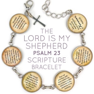 The Lord is My Shepherd Scripture Bracelet – Psalm 23 Glass Charm Stainless Steel Bible Verse Bracelet, 7.5&quot;-8.75&quot;