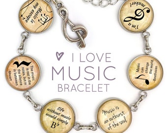 I Love Music - Glass Charm Stainless Steel Bracelet with Dangling Treble Clef Charm, 7.5"-8.75"
