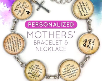 Personalized Mothers' Scripture Bracelet & Silver-Plated Pendant Necklace Set – Personalized with Children's Names and Birth Dates!