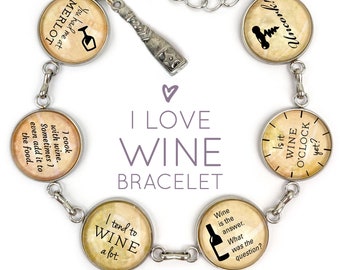 I Love of Wine - Glass Charm Stainless Steel Bracelet with Wine Bottle Charm 7.5"-8.75"