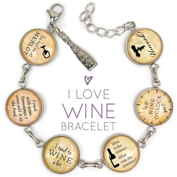 I Love of Wine - Glass Charm Stainless Steel Bracelet with Wine Bottle Charm 7.5"-8.75"