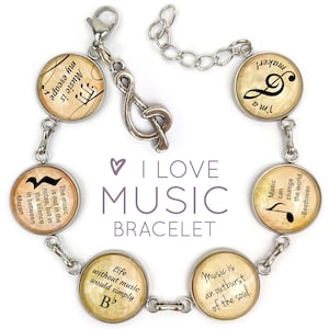 I Love Music - Glass Charm Stainless Steel Bracelet with Dangling Treble Clef Charm, 7.5&quot;-8.75&quot;
