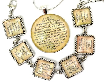 Names of GOD Glass Bracelet & Pendant Necklaces - Christian Jewelry - Yahweh Hebrew Religious Jewelry Set