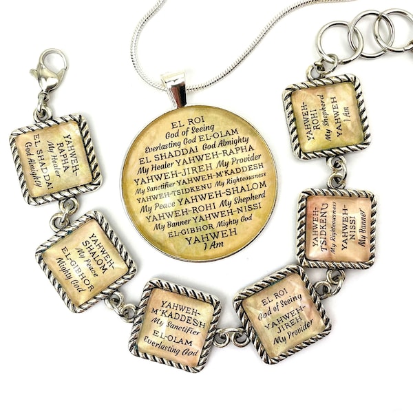 Names of GOD Glass Bracelet & Pendant Necklaces - Christian Jewelry - Yahweh Hebrew Religious Jewelry Set