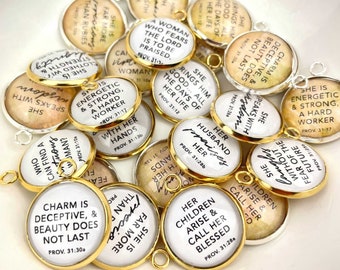 Proverbs 31 Woman - Set of 12 Scripture Charms for Jewelry Making – 16 or 20mm, Silver, Gold – Bulk Designer Christian Bible Bracelet Charms