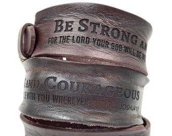 Be Strong and Courageous, Joshua 1:9 Laser-Engraved Brown Leather Scripture Bracelet with Watch Band Clasp