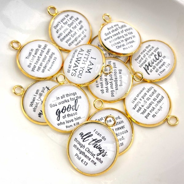 Encouragement Scriptures - Set of 12 Christian Bible Verse Charms for Jewelry Making – 16 or 20mm, Silver, Gold – Bulk Bracelet Charms