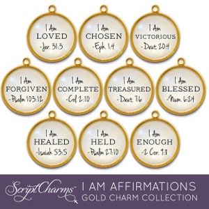 I AM Loved, Blessed, Forgiven, Enough Affirmations – Glass Scripture Jewelry Making Charms – Bulk Designer Christian Religious Charms