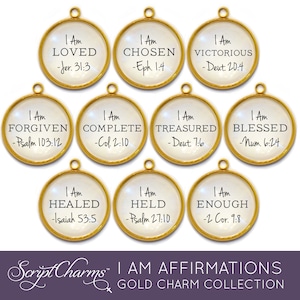 I AM Loved, Blessed, Forgiven, Enough Affirmations – Glass Scripture Jewelry Making Charms – Bulk Designer Christian Religious Charms