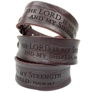 The Lord is My Strength and My Shield, Psalm 28:7 Laser-Engraved Brown Leather Scripture Bracelet with Watch Band Clasp