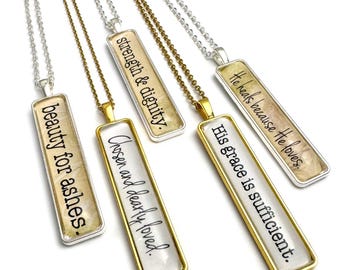 Rectangle Scripture Pendant Necklace: Beauty for Ashes, Chosen and Dearly Loved
