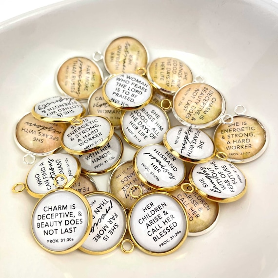 Proverbs 31 Woman - Set of 12 Scripture Charms for Jewelry Making - 16 or 20mm, Silver, Gold - Bulk Designer Christian Bible Bracelet Charms