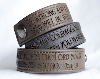 Be Strong and Courageous… Joshua 1:9 - 7" Brown Engraved Italian Leather Bracelet