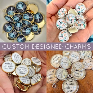 Custom Designed Glass Charms for Jewelry Making - 16, 20, 25mm, Silver, Gold - Bulk Designer Christian Religious Charms - Logo Charms