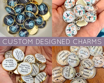 Custom Designed Glass Charms for Jewelry Making - 16, 20, 25mm, Silver, Gold - Bulk Designer Christian Religious Charms - Logo Charms