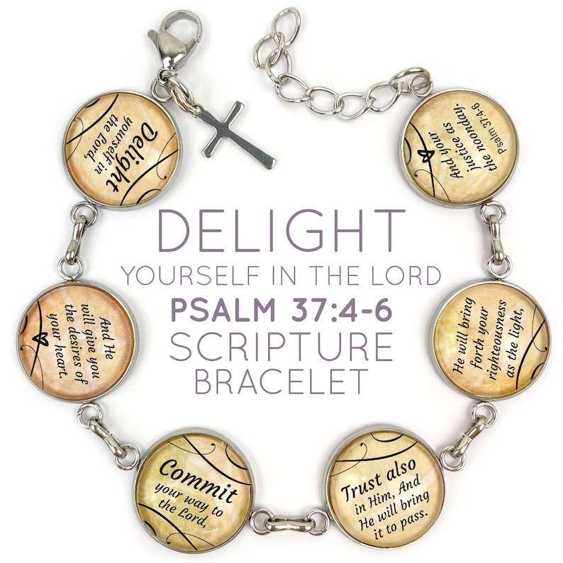 Delight Yourself in the Lord Scripture Bracelet Psalm 37:4-6 Glass Charm Stainless Steel Bible Verse Bracelet, 7.58.75 image 1