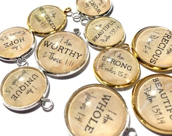 I AM Strong, Beautiful, Unique, Hope Affirmations – Glass Scripture Jewelry Making Charms – Bulk Designer Christian Religious Charms