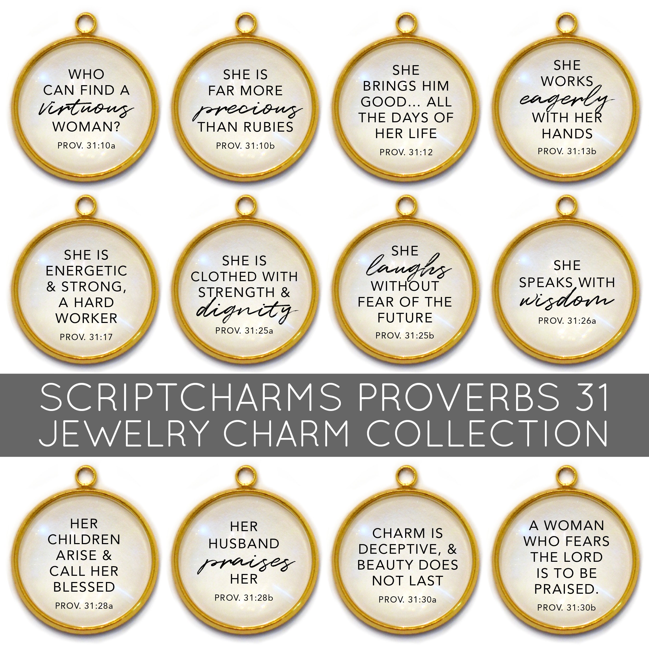 Proverbs 31 Woman - Set of 12 Scripture Charms for Jewelry Making - 16 or 20mm, Silver, Gold - Bulk Designer Christian Bible Bracelet Charms