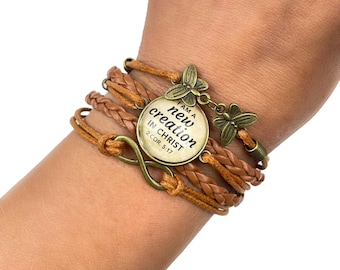 I Am a New Creation in Christ – Multi-Strand Leather Bracelet with Butterflies, 2 Corinthians 5:17 Scripture Bracelet – Christian Jewelry