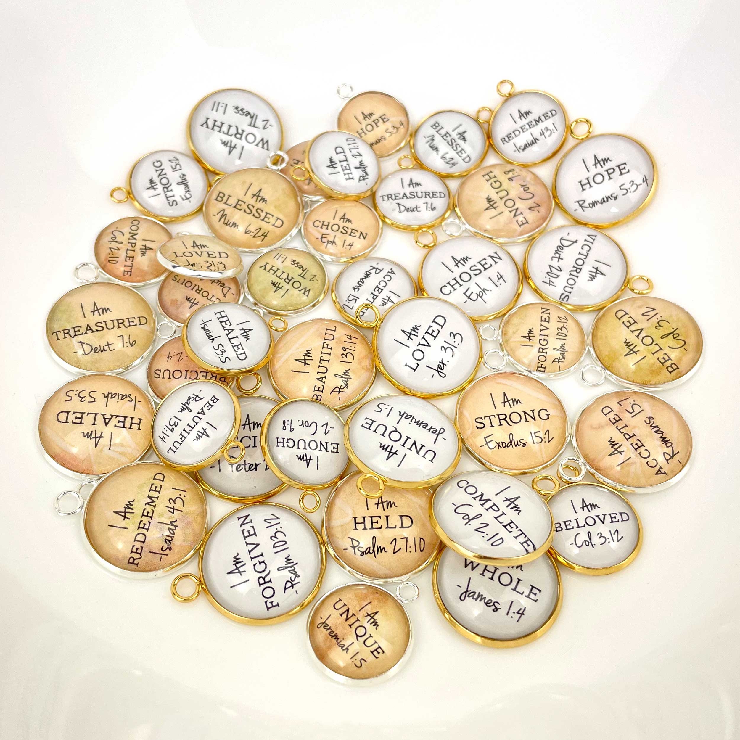 I Am Affirmations Glass Christian Charms for Jewelry Making and DIY 16mm Gold / 5 Sets (50 Charms)