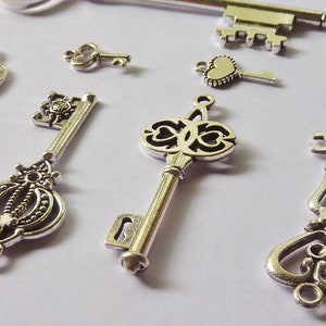 May include: Assortment of silver-toned skeleton keys with ornate designs. The keys have different shapes and sizes, including heart-shaped keyholes and intricate details.