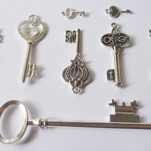May include: Assortment of eight silver-toned skeleton keys with ornate designs. The keys are arranged on a white surface.