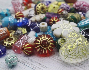 100 pce Antique Style Etched Acrylic Beads Various Sizes, Shapes & Colors Jewelry Making Craft