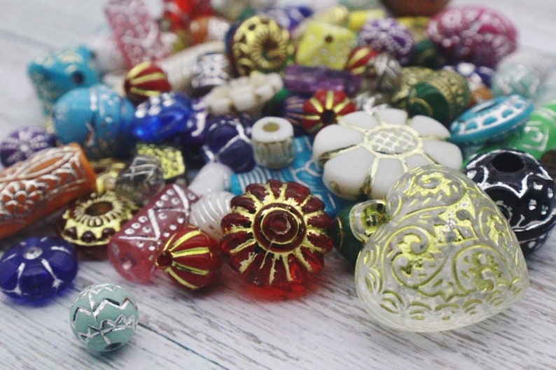 100 pce Antique Style Etched Acrylic Beads Various Sizes, Shapes & Colors Jewelry Making Craft image 1