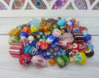 100 pcs Millefiori Glass Beads Mix Size, Shape & Colours 4mm - 14mm Jewellery Making Craft