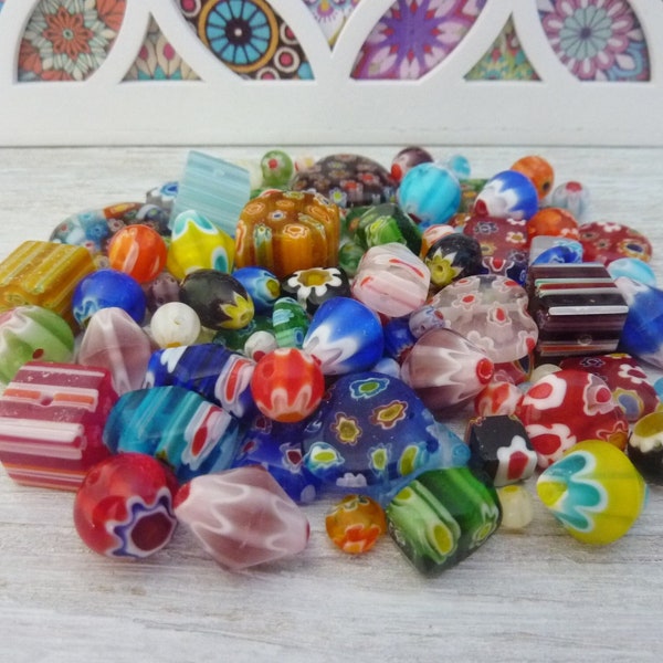 100 pcs Millefiori Glass Beads Mix Size, Shape & Colours 4mm - 14mm Jewellery Making Craft