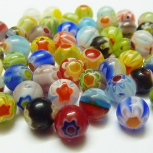 60 pce Vibrant Multi-Coloured Round Millefiori Glass Beads 6mm