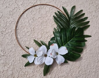 Tropical Floral Spring Dogwood Palm Gold Metal Ring Wreath 11" 12" 14" 16"