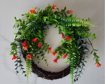 10 Inch Spring Floral Wreath Eucalyptus Fern Boxwood & Pomegranate Flowers